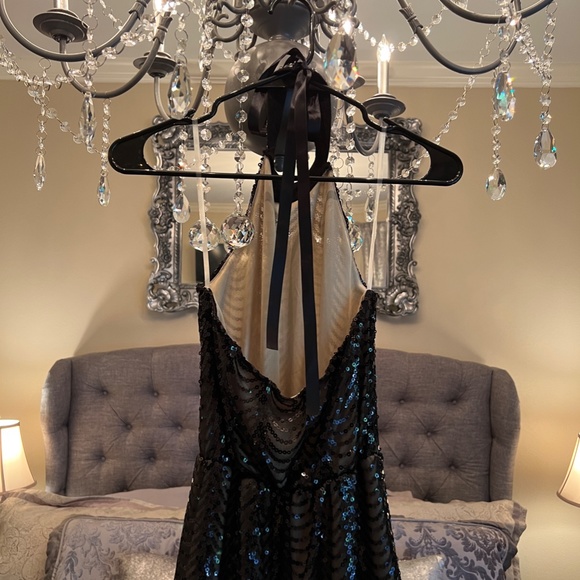 Black Long Halter Neck Sequin Prom Dress - Picture 4 of 5